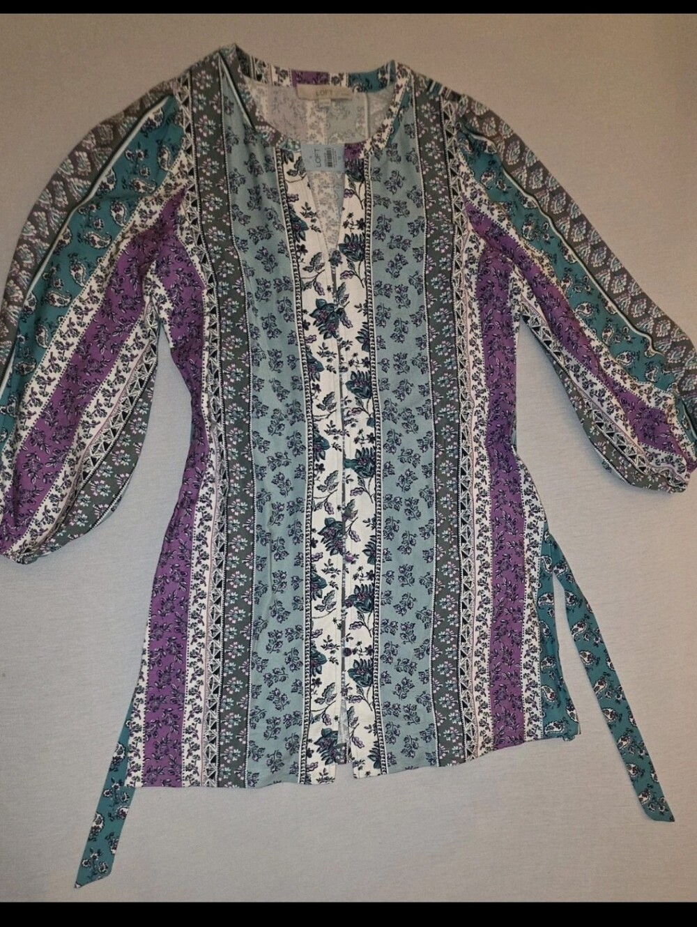 LOFT Petites Floral Boho Dress Womens 12P Tie Waist Long Sleeve Multicolor